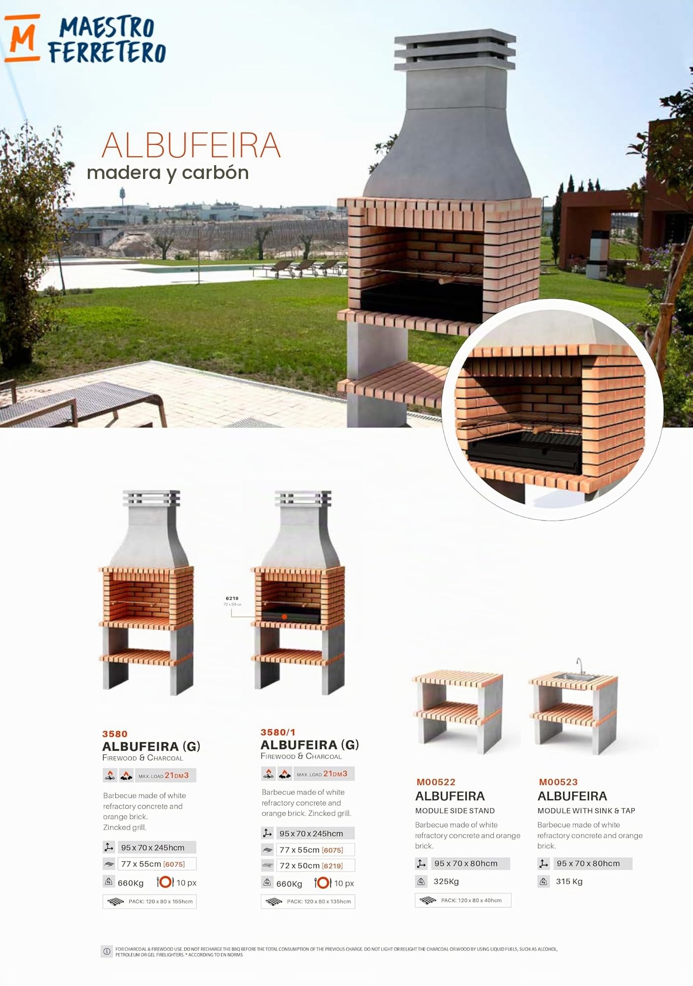 MOVELAR - Barbacoa de Obra Prefabricada de Leña y Carbón Modelo Albufeira (Gris, Naranja - 95 x 70 x 245 cm) REF: 3580 - Cocina de Exterior para Jardín y Terraza