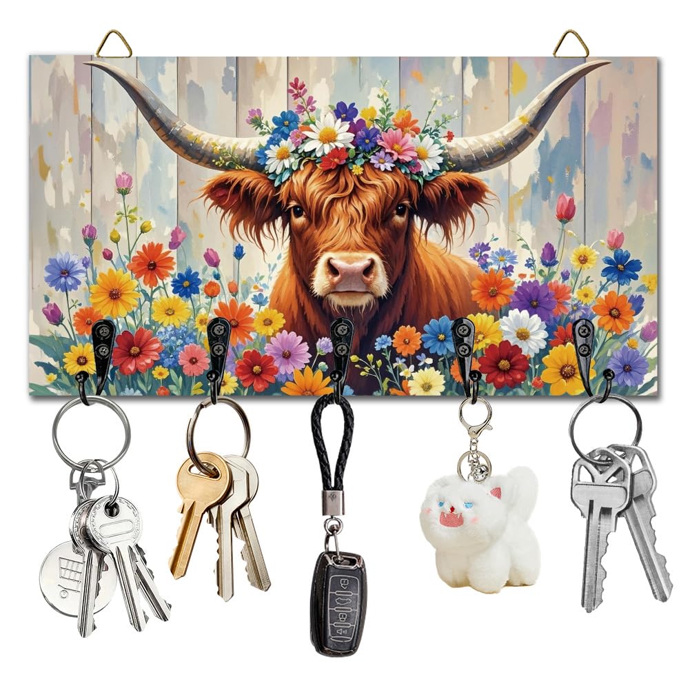 DELORIGIN Highland Cattle and Flowers Key Holder Key Hooks Wall Mounted Wooden Key Racks with 5 Hooks Key Storage Organizer House Key Hanger for Wall Decor Door Entryway Hallway Kitchen New Home Gift