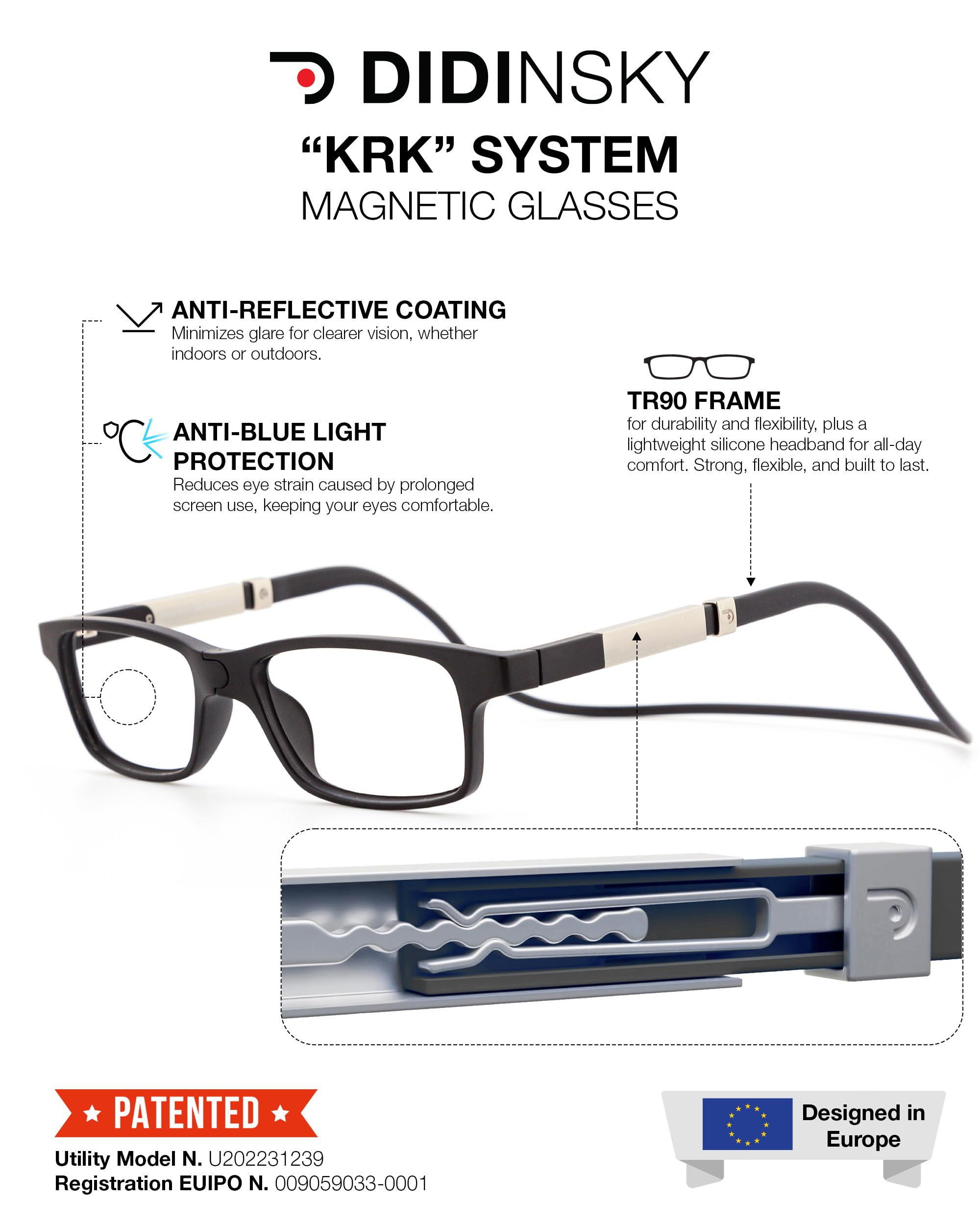 DIDINSKY Krik Occhiali da Lettura Magnetici, Anti Luce Blu | Chiusura magnetica frontale · Per leggere da vicino · Anti luce blu · Ingrandimento +1.0 a +3.0 · Custodia inclusa