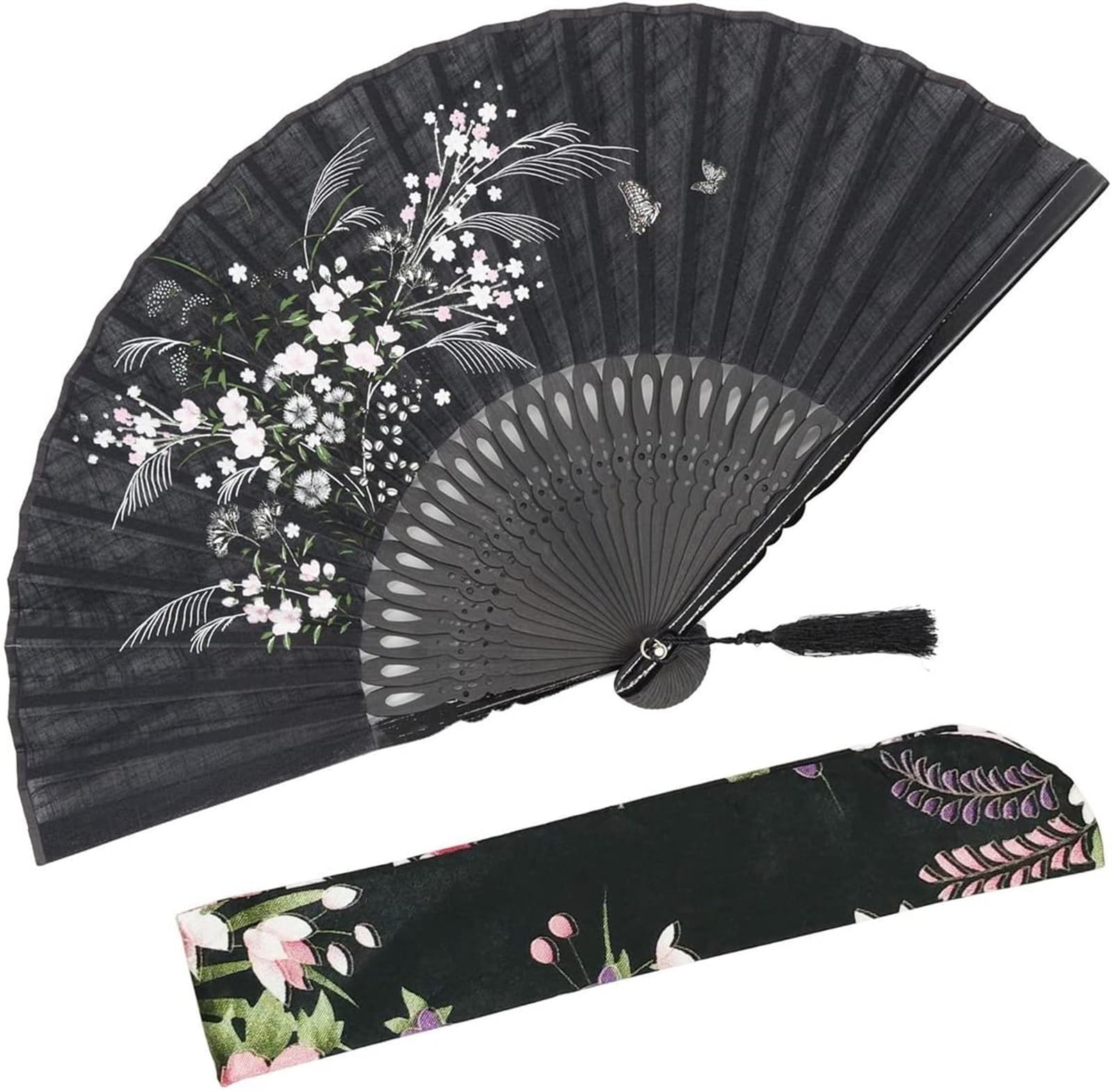 THE WHITE SHOPTHE WHITE SHOP 8.27"(21cm) Hand Held Folding Fans - Hand Fan with a Fabric Sleeve for Protection Handheld Fan Folding Hand Fan for Gifts - Chinese/Japanese Vintage Retro Style (Black)