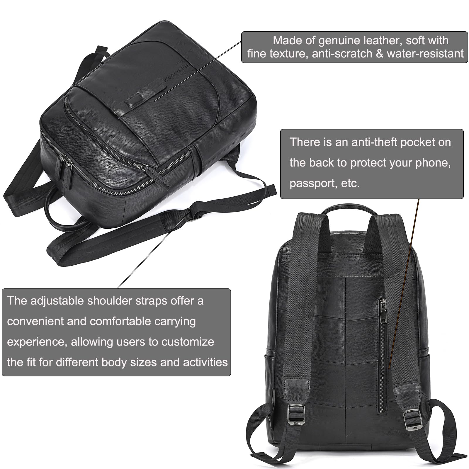LUUFAN Borsa a tracolla in vera pelle per uomo, zaino casual con tasche multiple da 15,6 pollici, borsa per laptop per viaggi, lavoro all'aperto, nero