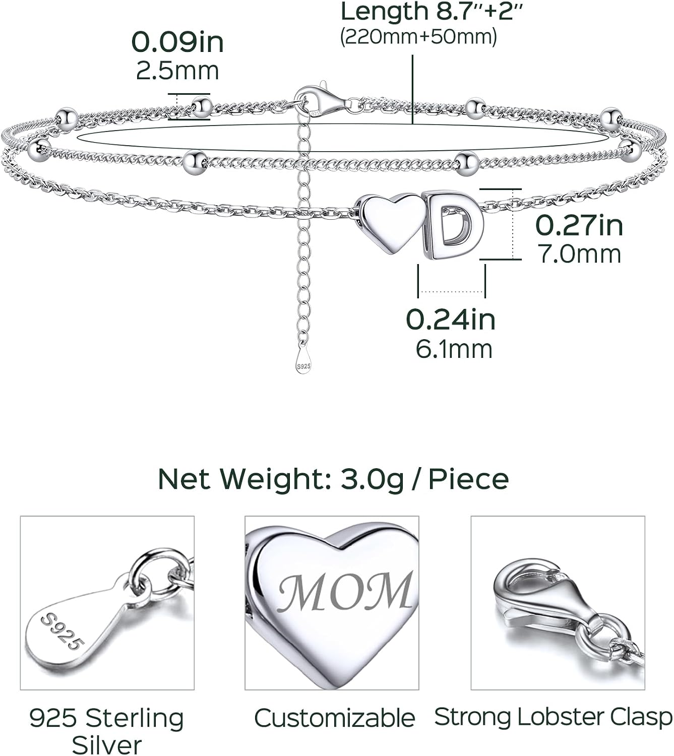 ChicSilver Sterling Silver Anklets for Women Hypoallergenic Womens Ankle Bracelets for Women Layered Heart Anklet With Initials Womens Anklets Jewelry for Mom Wife