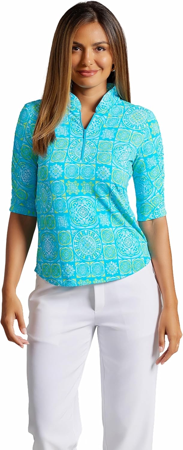 IBKUL Athleisure Wear Sun Protective UPF 50+ Icefil Cooling-Colette Print Ruched Elbow Length Sleeve Top-41090 - Image 9