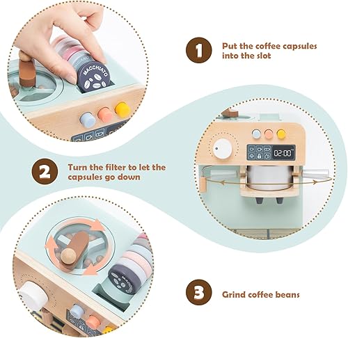 Miniatura 4 de Juego de cafetera para niños, 23 juguetes de cocina de madera, accesorios de cocina para niños pequeños, juego de máquina de café espresso, regalo