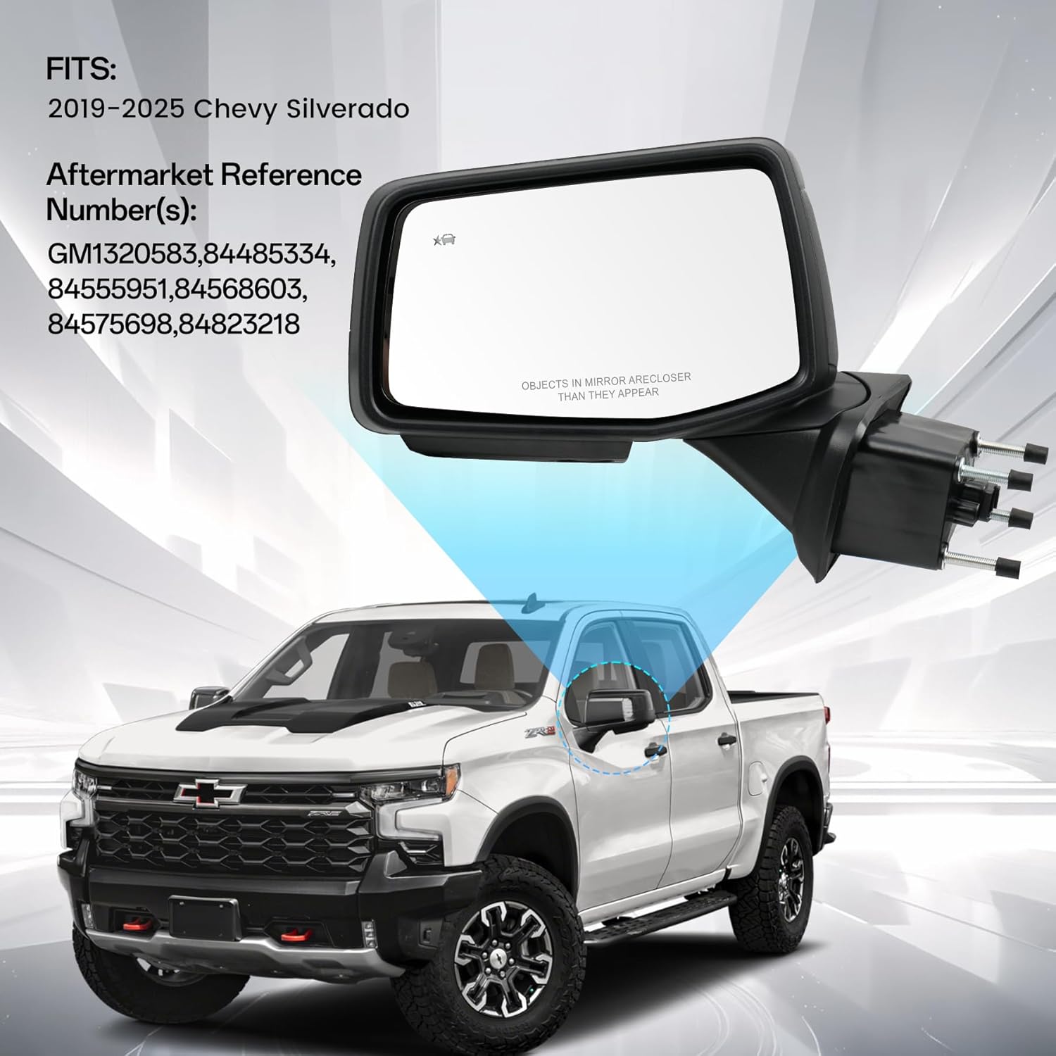 Driver Left Side Door Mirror for 2019-2024 Chevy Silverado 1500, with Heated Power Glass and Manual Folding BSM Blind Spot/Puddle/Signal Light (8 Pins)