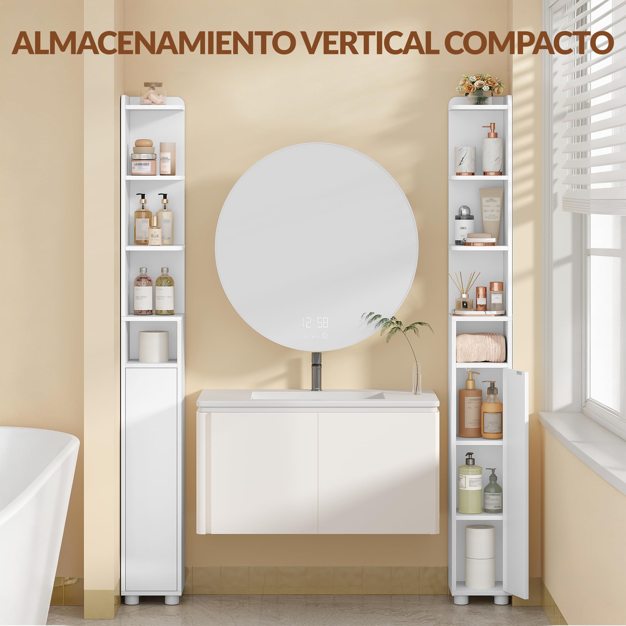 Mueble Auxiliar de Baño Estrecho, 20 x 20 x 177 cm, Blanco | Armario Auxiliar de Baño, Estantes Ajustables en Altura, FFBC012PW1