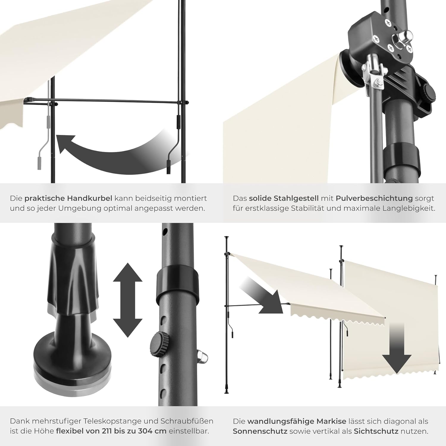 Close-up images showing the hand crank mechanism, adjustable height of the telescopic pole, and how the awning can be used diagonally or vertically.