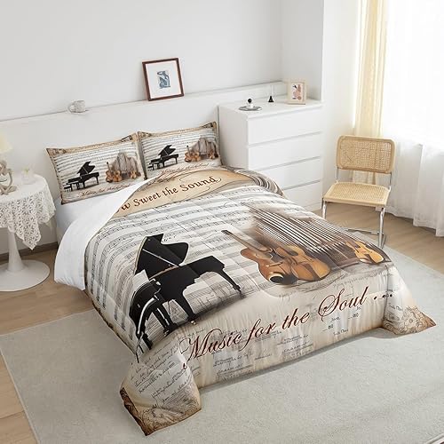 Miniatura 4 de Castle Fairy Juego de edredón de violonchelo de piano, tamaño individual, juego de edredón con temática musical de 2 piezas para niños, niñas, niños