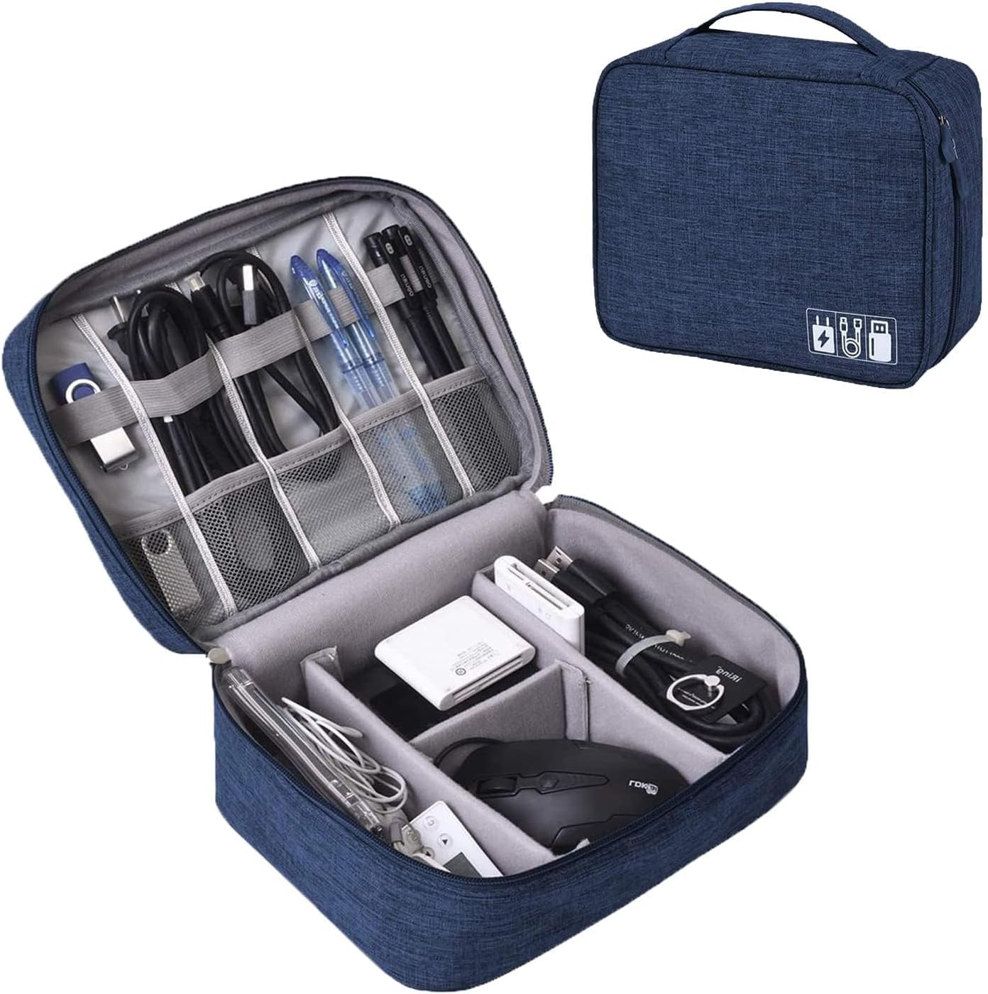 Nylon 2 Layer Gadget Organizer Case, Electronic Accessories Bag, Tech Organizer Pouch for Cables, Chargers, Hard Disk, Pen Drive, Travel Storage (Navy Blue)