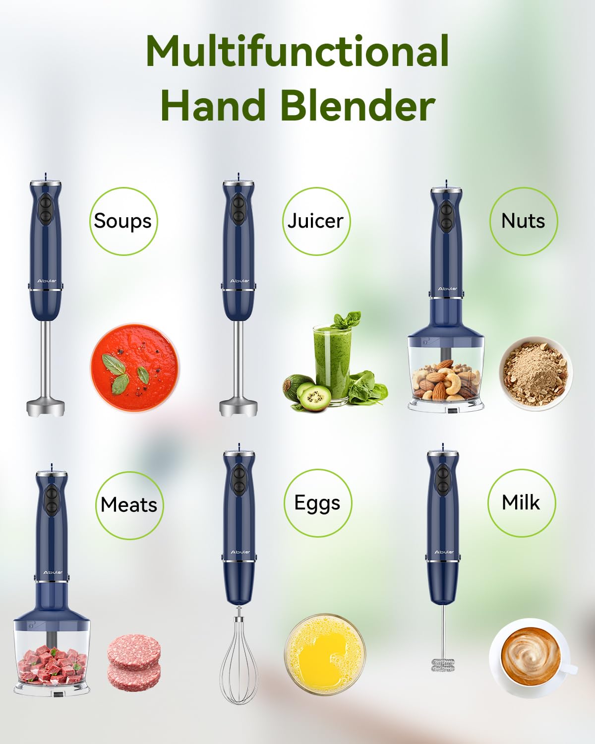 Abuler Batidora de mano de 800 W, 5 en 1, 12 velocidades, sin BPA, acero inoxidable 304, picadora, batidor, espumador de leche, vaso para batidos, alimentos para bebés, salsa