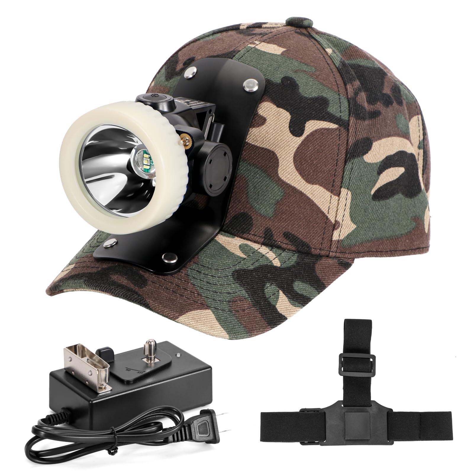 Lokilo Ultra-Bright LED Mining Headlamp,Rechargeable Waterproof Hard Hat White Light Headlight,Camouflage Miner Cap Included,Durable Mining Light for