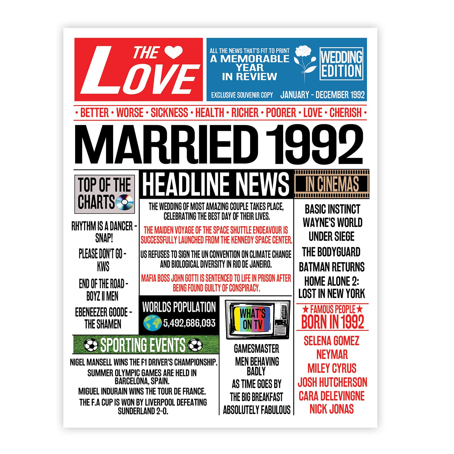 Stuff4 34th Anniversary Poster Unframed - Married In 1992 Newspaper - Happy 34th Wedding Anniversary for Men Women Vintage Gifts Retro Back In 1992, 8x10 Inch Anniversaries Posters