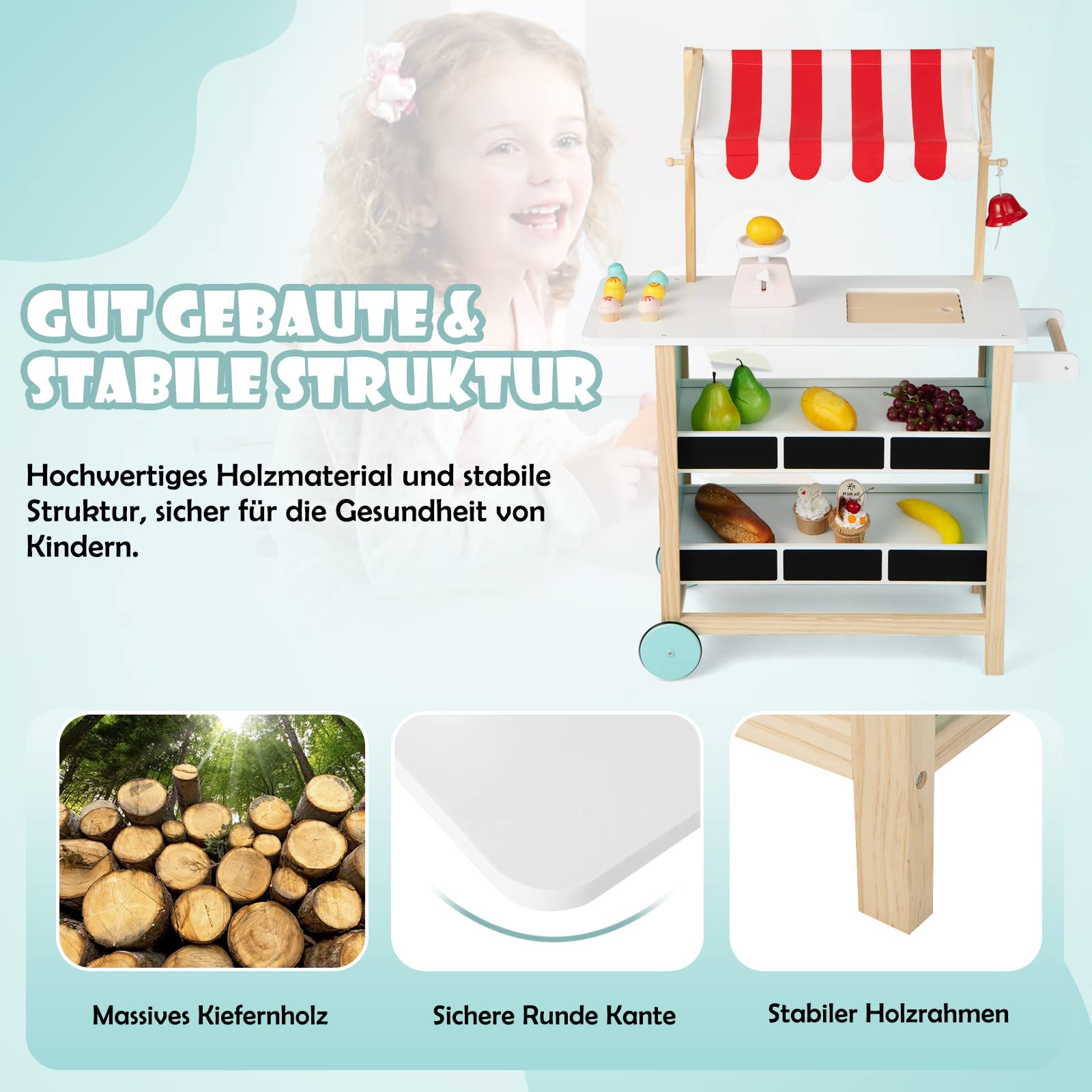 COSTWAY Kinder Eiswagen mit 6 Eiscreme, Kaufladen Holz mit 2 Ablagen, Einkaufswagen auf Rollen, inkl. Waage und Glocke, für Kinder ab 3 Jahrn (Rot)