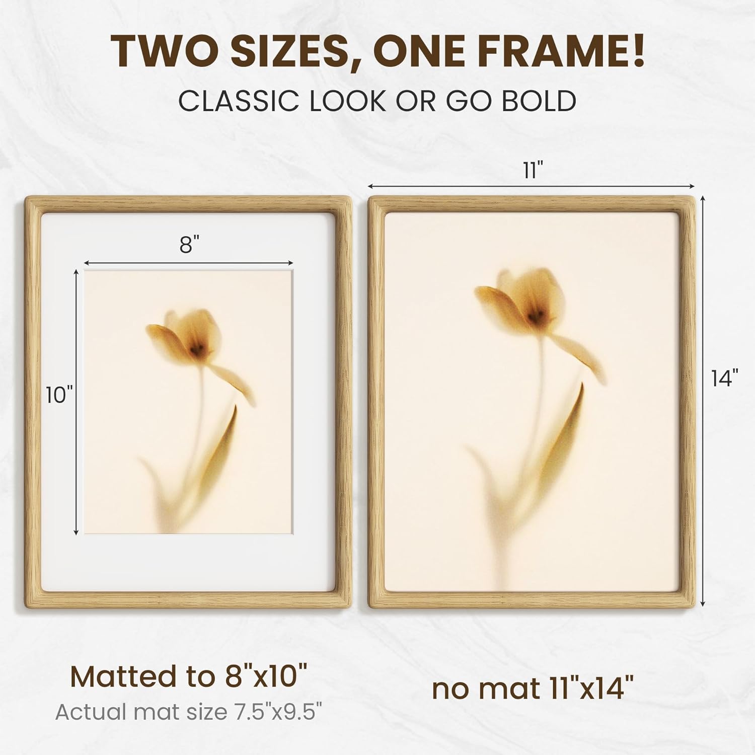 11x14 Picture Frame, USA-Sourced Oak Wood Picture Frame, 11 x 14 Photo Frame with High Tempered Glass, 11 by 14 Wooden Frame Matted to 8x10 Photo Wall Mounted, Oak Color, 1 Pack