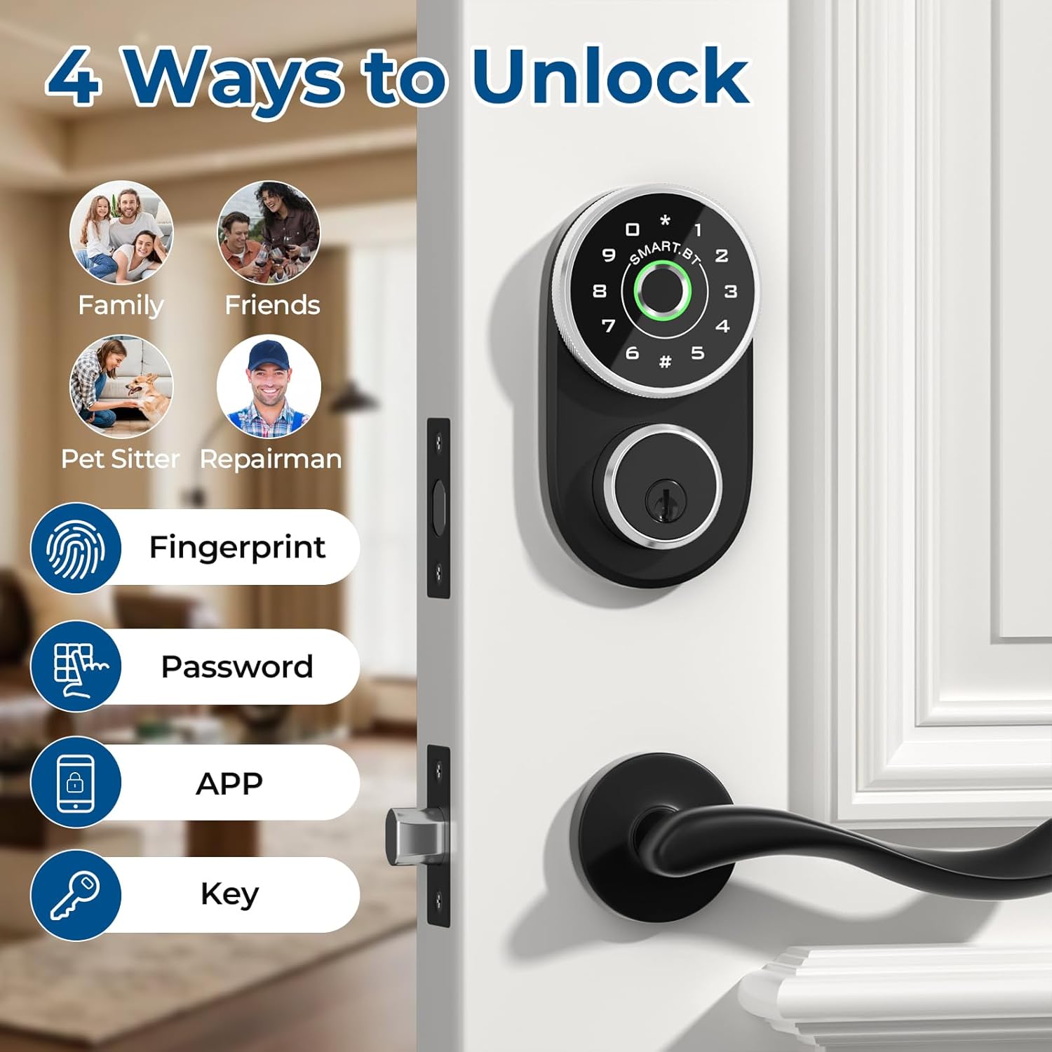 FITNATE Smart Fingerprint Door Lock, 4-in-1 Keyless Entry Door Lock, App Control, Electronic Digital Touchscreen Keypad Deadbolt, Biometric Smart Locks for Home, Apartment, Office, Rental