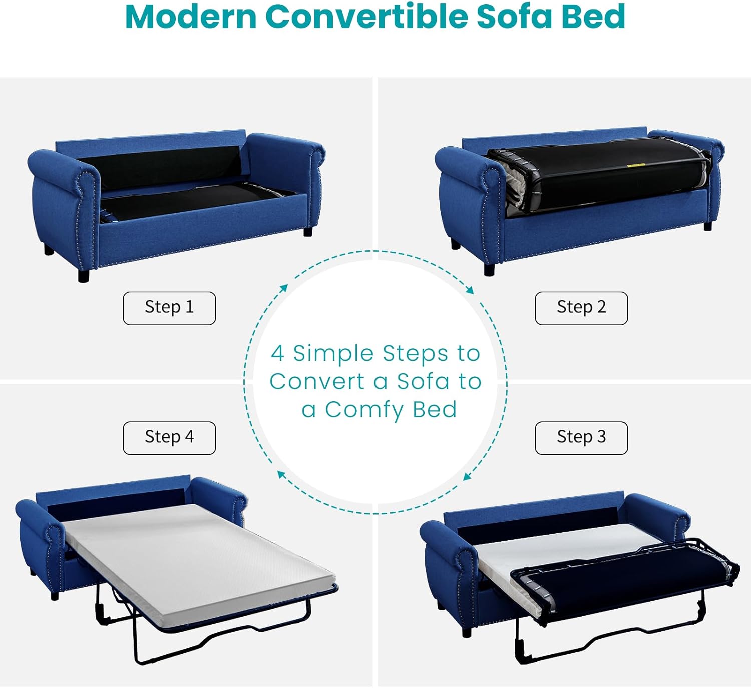 BALUS Pull Out Sofa Bed, 2-in-1 Sleeper Sofas Convertible Couch Bed with Nailhead Armrests & Memory Foam Mattress, Linen Pullout Sofa Beds with Thickened Cushions for Living Room, Blue, Full Size