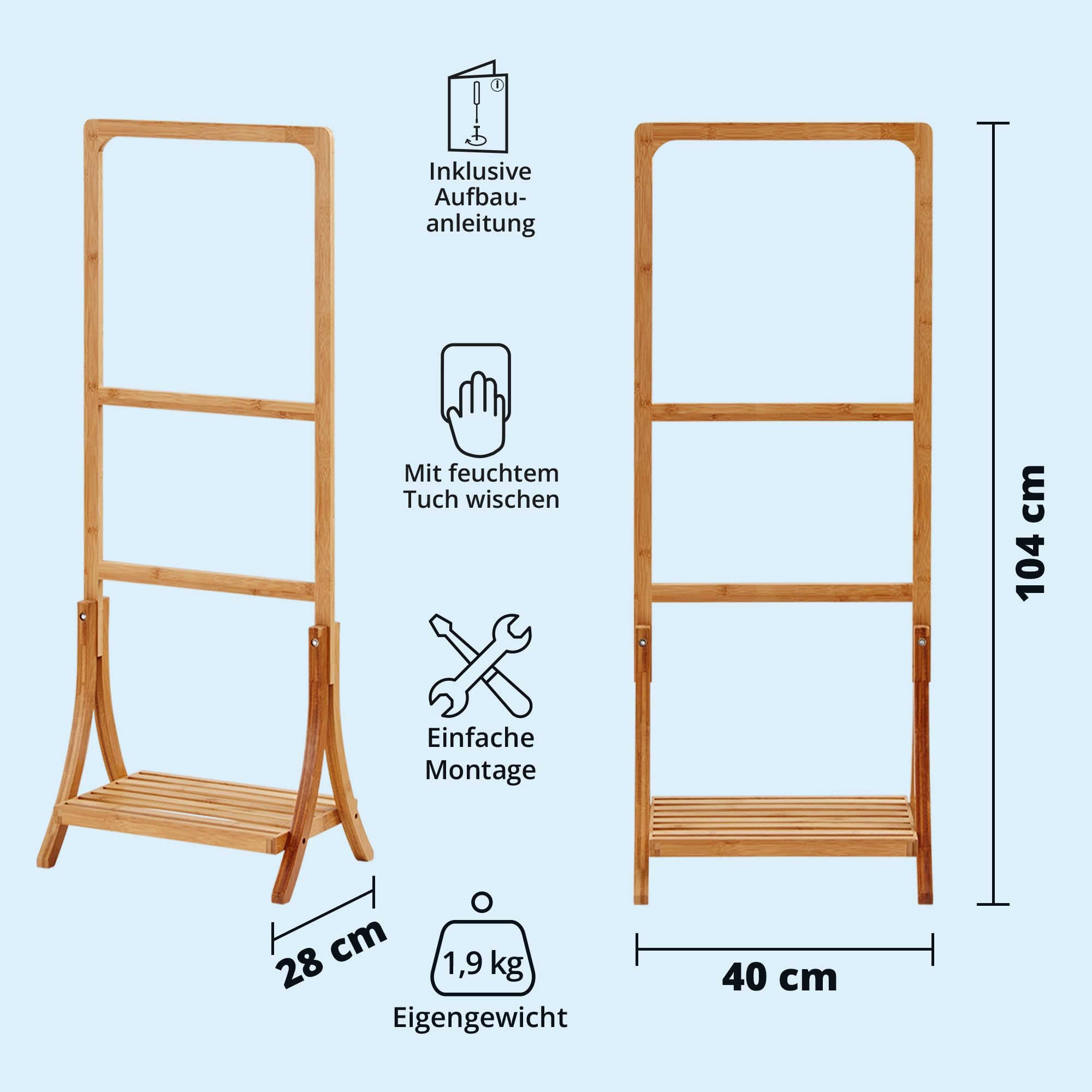 KHG Herrendiener aus Bambus Echtholz für Kleidung, Sackohalter mit Hosenbügel sowie Schuhablage, Stummer Diener fürs Schlafzimmer 104x40x28 cm