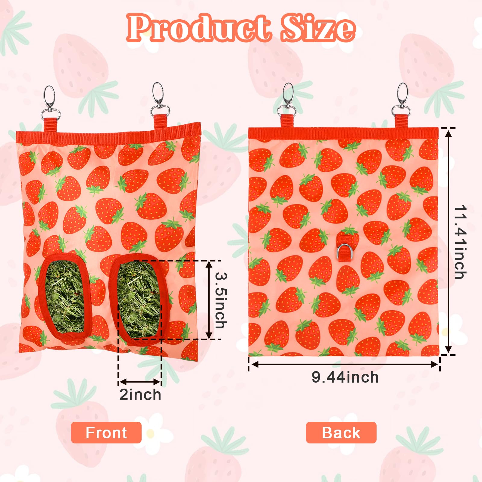 Bolsa grande para comedero de heno para conejos, lavable, para colgar, a prueba de mordidas, con 2 ganchos traseros, 2 agujeros para conejos, chinchilla, hámster, 9 x 11 pulgadas (fresa)