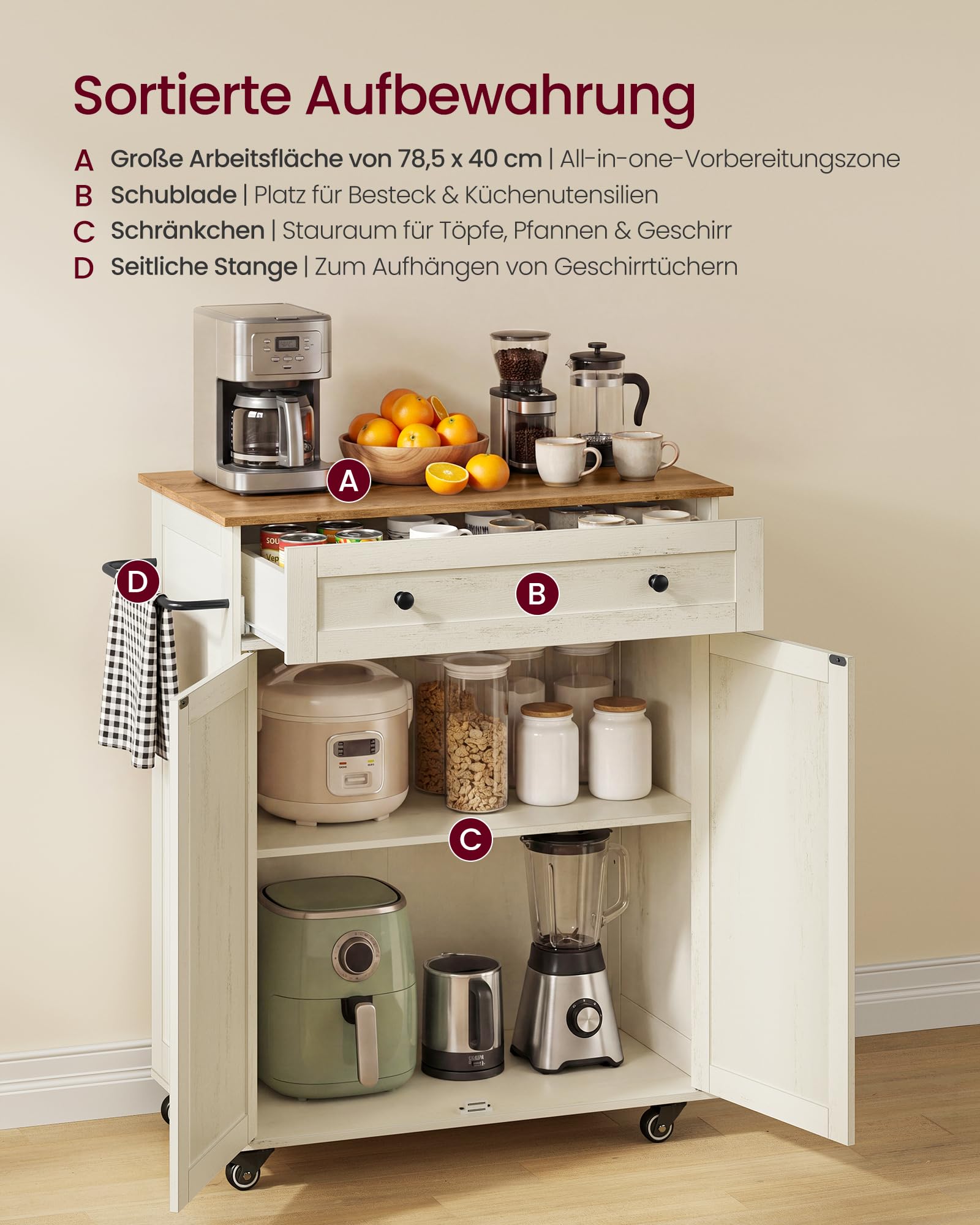VASAGLE Siren Kollektion - Küchenschrank, Kücheninsel, Küchenwagen mit Arbeitsplatte, Rollen, Rollwagen Küche, Schublade, Landhausstil, verstellbare Ablage, wolkenweiß-honigbraun KKI009WJ01