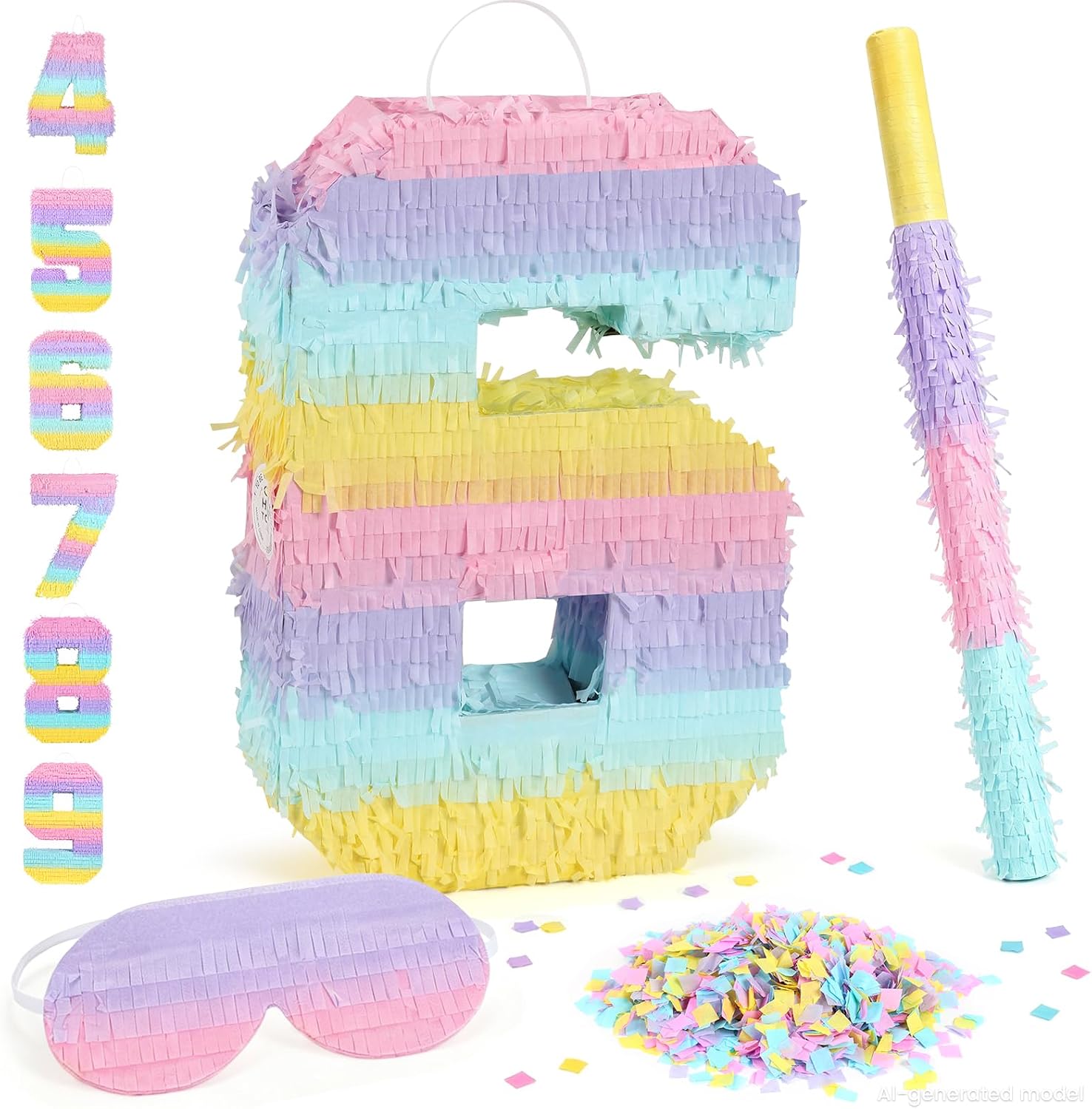 Piñata Set for Kids Party - Number 5 Piñata,Kids Pinata,Macaron colors | Number Piñata Kit,Hitting Stick,Blindfold & Confetti Filler,Birthday Party Decor, Pinatas for Birthday Party