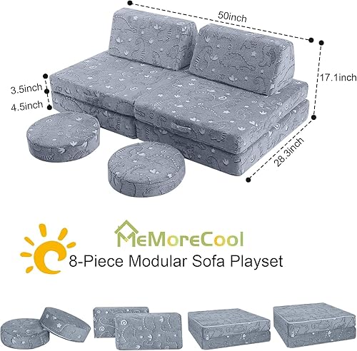Miniatura 2 de Sofá modular para niños MeMoreCool  Sofá de dinosaurio de 8 piezas que brilla en la oscuridad para niños pequeños convertible en fuerte constructor