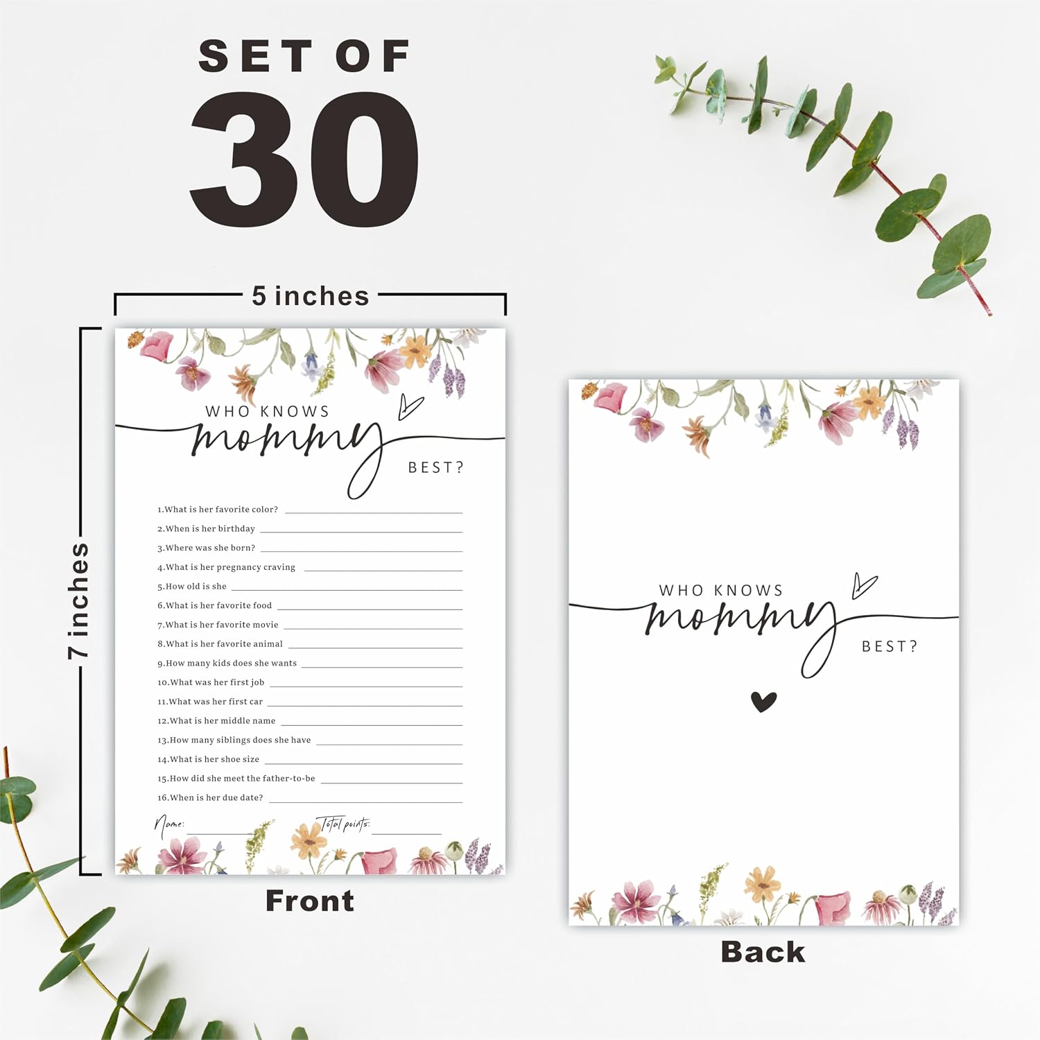 5" X 7" Baby Shower Party Games-Set Of 30 Floral Watercolor Flowers-Who Knows Mommy Best Game For Guest-Wishes For Baby-Baby Announcement Gender Reveal Game Card 05