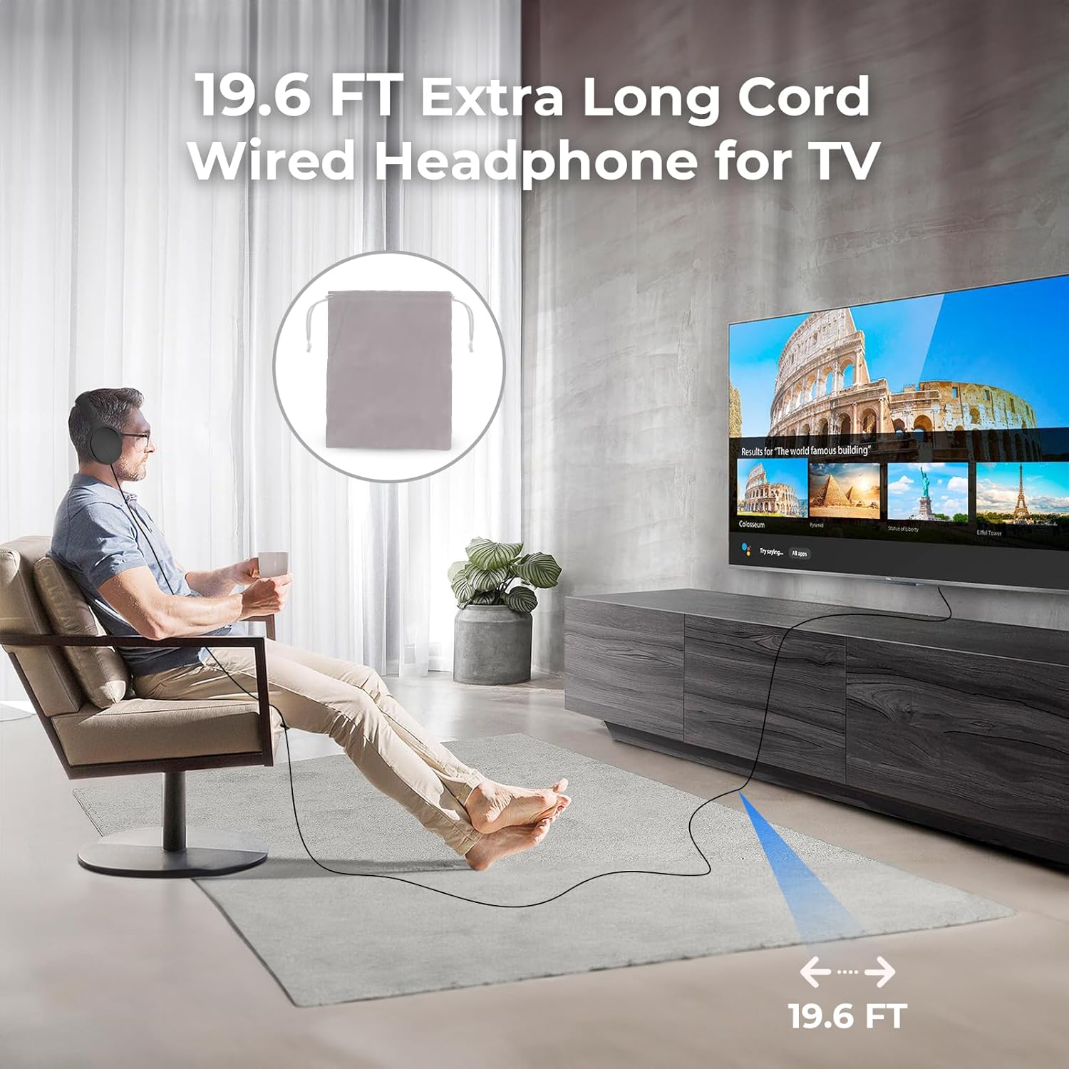 Long Cord Tv Headphones for Seniors with Volume Control Wired Over The Ear Headphone Corded Extra Long Cord Length Universal 3.5mm AUX Audio(19FT) - Image 2