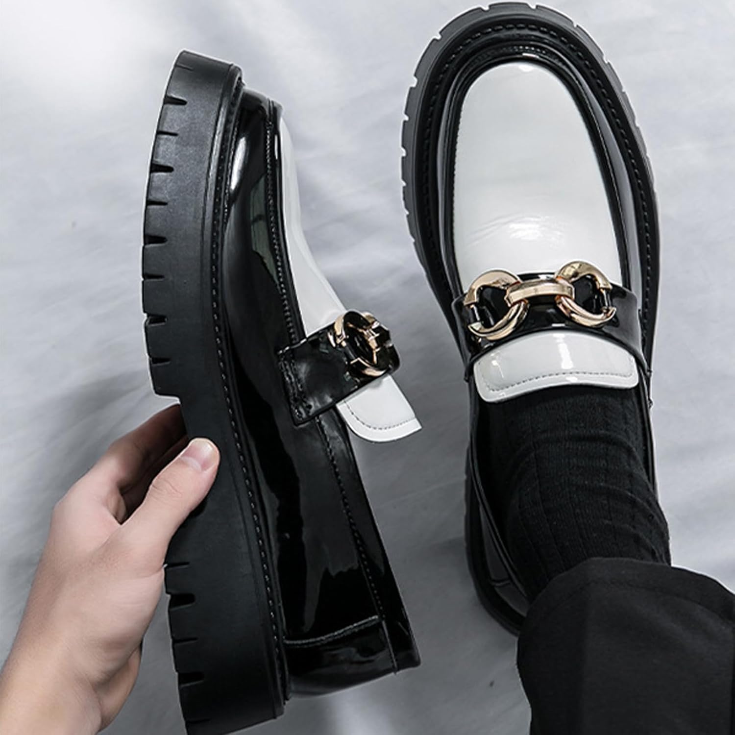 Men's Patent Leather Chunky Platform Penny Loafers with Metal Decoration Slip-On Lug Sole Dress Business Work Shoes Daily Non-Slip Shock Absorbing Casual Shoes - Image 2