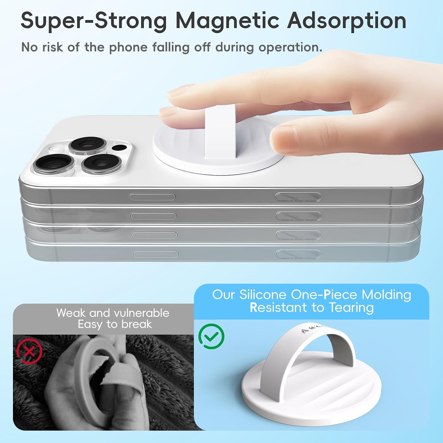 Anteel Magnetic Phone Grip, Liquid Silicone Comfy and Portable, Removable Finger Loop Ring Holder for iPhone, Compatible with Magsafe Magnetic Phone Loop, Patent Pending (Pink Glitter)