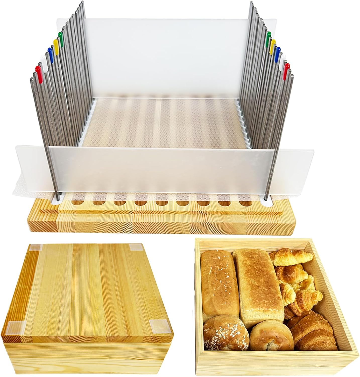 Wooden Bread Slicer for Homemade Bread with 7Liters Wooden Box, Stainless Steel Bread Slicing Guide with 20 Liners, 2 Thickness Cutting Guide with Crumb Tray, 9in Adjustable Width for Sourdough, Deli
