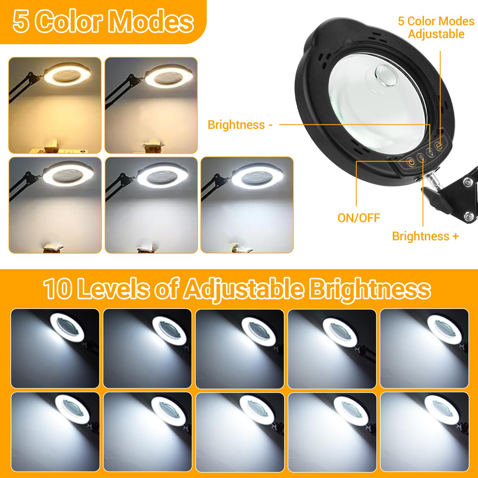 Lampe Loupe 10-15X avec Pince,Loupe Multifonctionnelle,Lampe De Table Led à Intensité Variable avec 5 Modes De Couleur,9 Niveaux De Luminosité pour Les RéParations,L'artisanat,Le Travail de Près