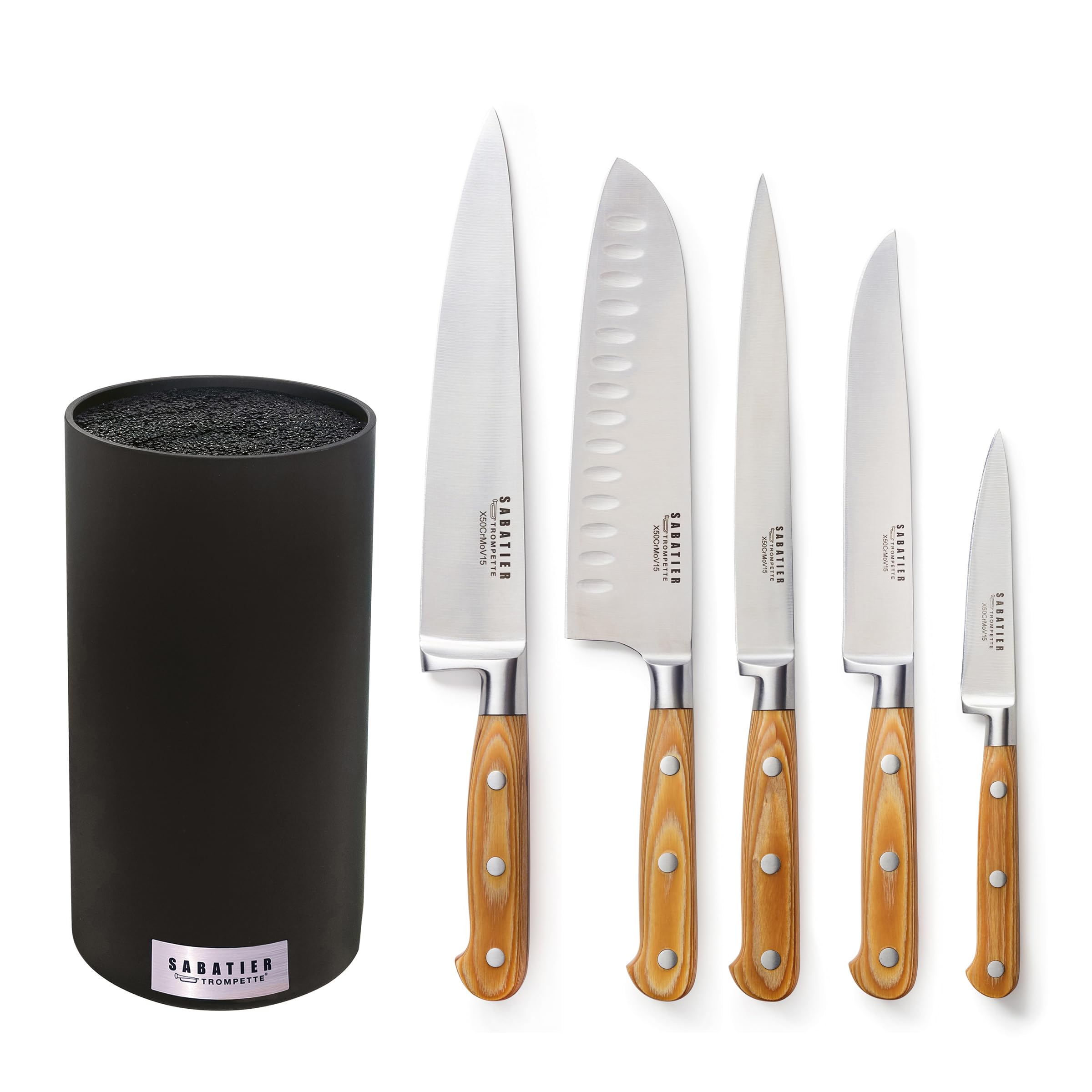 Sabatier Trompette - 5 Piece Kitchen Knife Block - Essential - 5Cr15MoV Steel - Satin Finish - Black