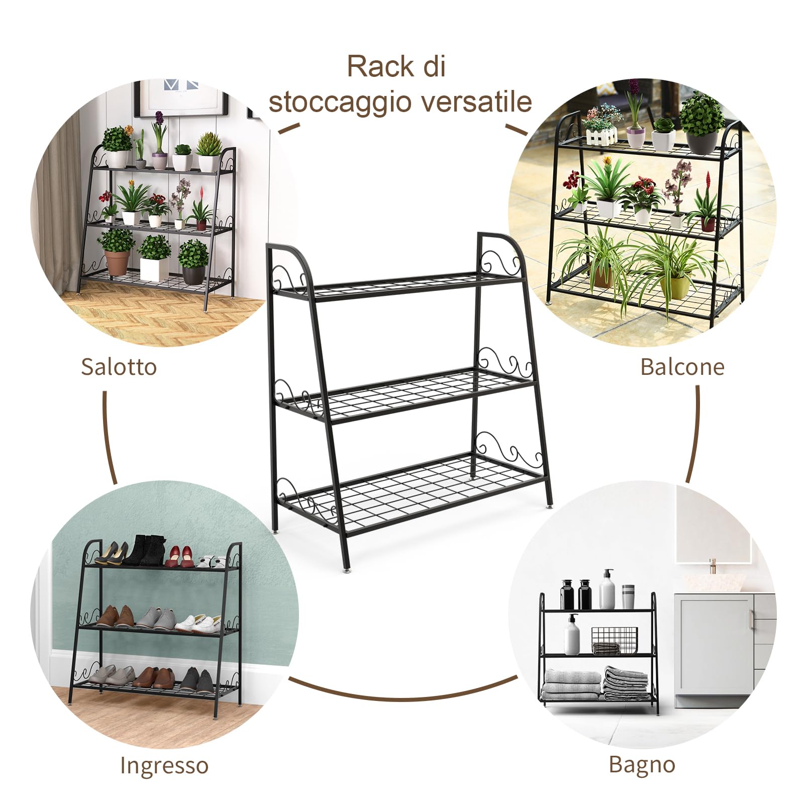 COSTWAY Scaffale Piante da Interno ed Esterno, Porta Fiori di Metallo a 3 Livelli con Piedini Regolabili, Porta Vasi per Giardino, Balcone e Soggiorno, 81 x 35 x 82 cm