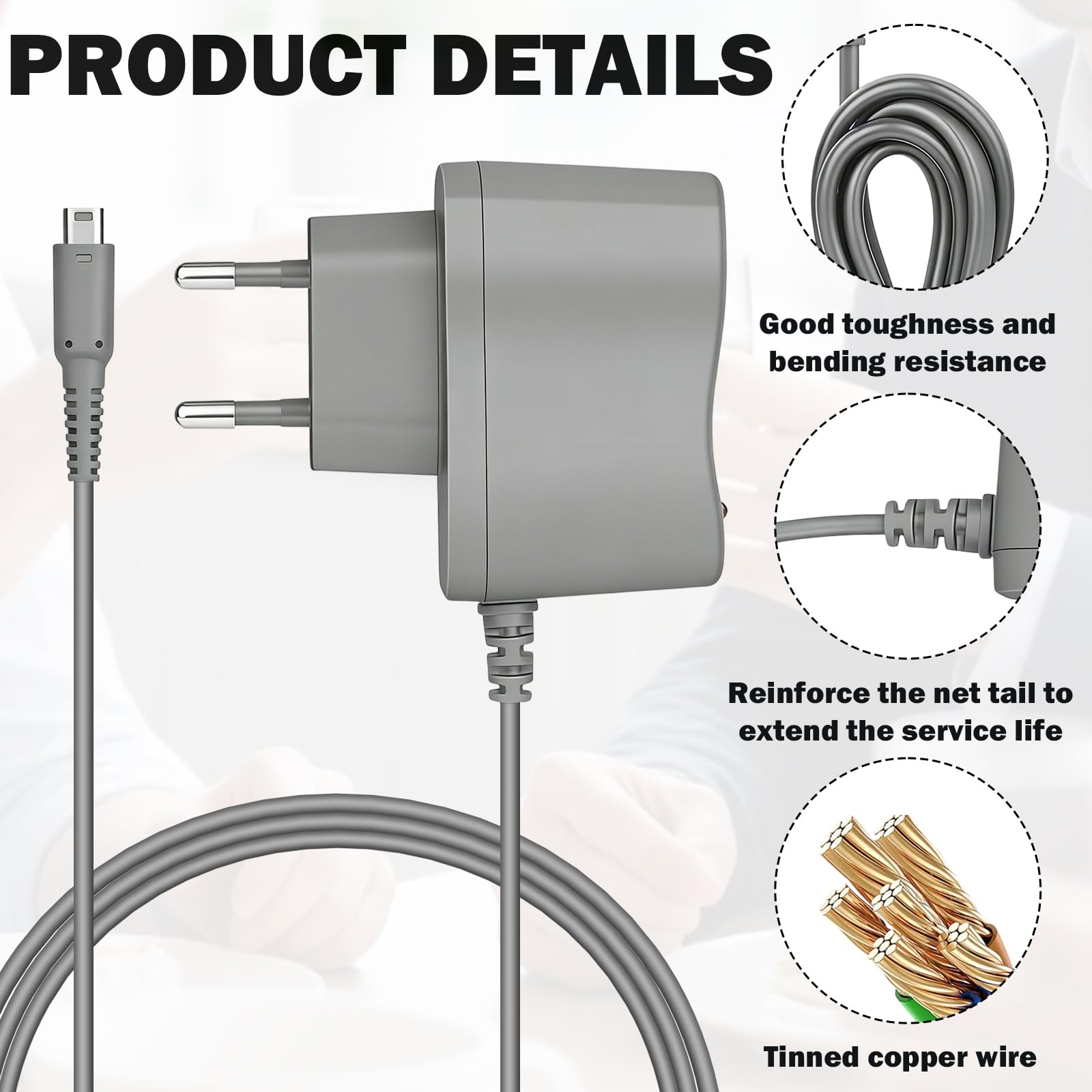 Chargeur pour DS Lite, Adaptateur Secteur Alimentation Chargeur pour DSL,Prise Standard Européenne,ChargeurCompatible avec Nintendo DSLite (Pas pour DS) pour Console de Jeu 1.1m (Gris) - 4