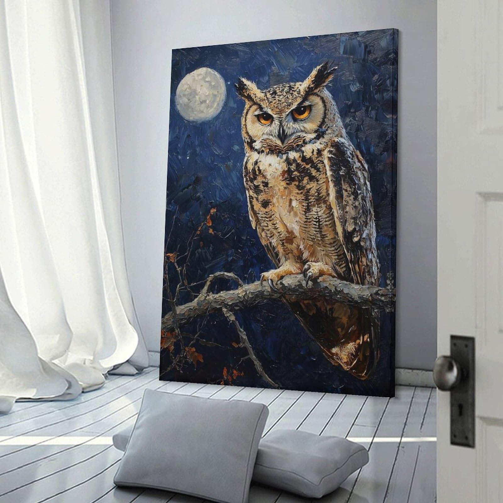 Junmoney Great Horned Owl Night Portrait Wall Picture Print 08x12inch(20x30cm), for Home Walls, Creative Rooms Or Shared Spaces, Stylish Home Artwork for Focal Walls