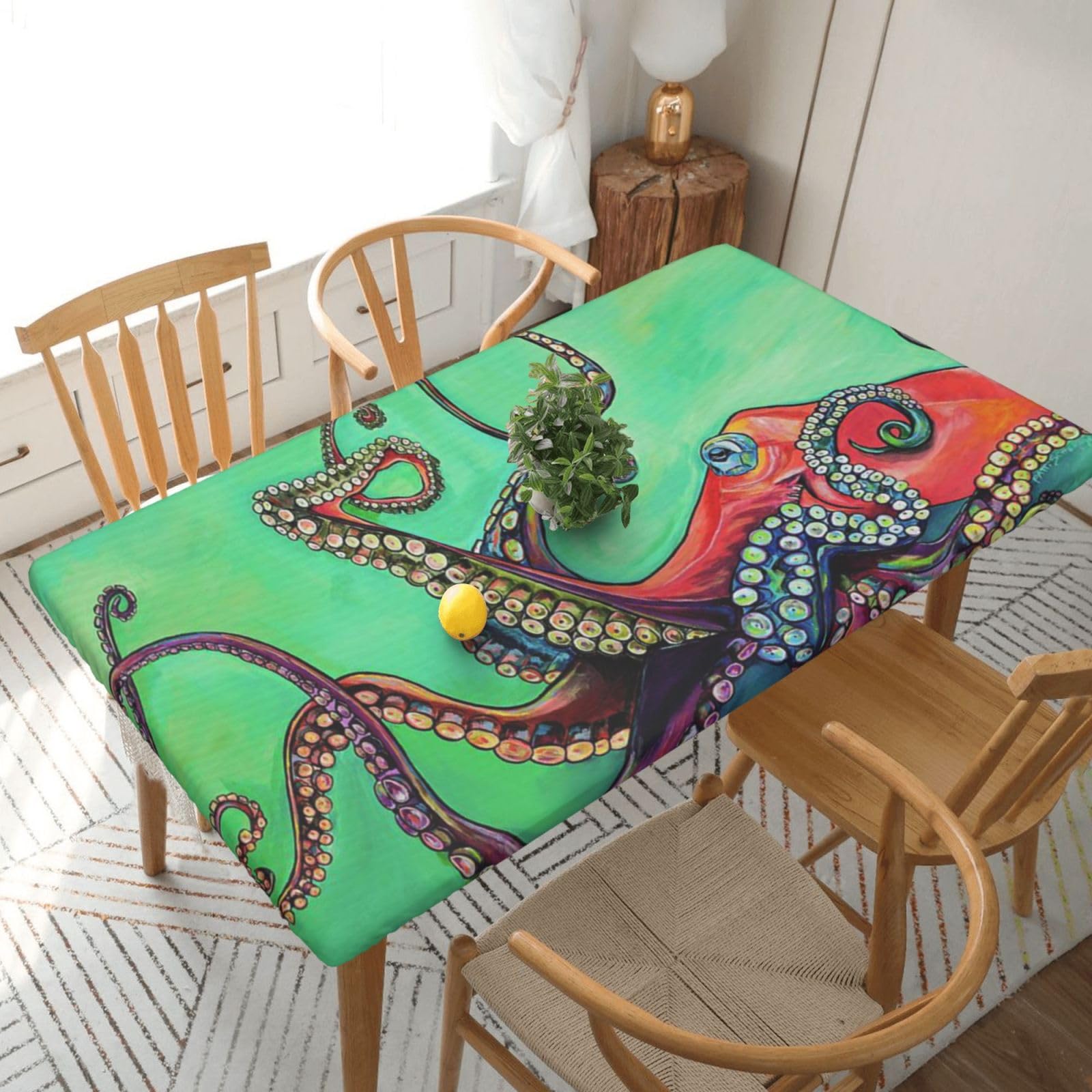 DCEHGEW Elastic Fitted Rectangle Tablecloth for 5ft Tables, cute octopus Printed Oilproof & Washable Fabric Picnic Table Cloth Table Covers