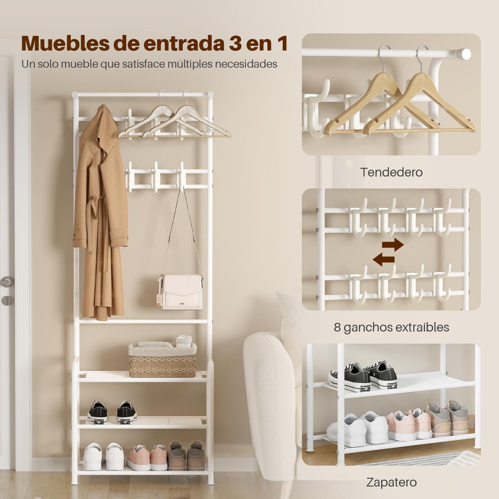 Innotic Perchero 3 en 1 estable barra de ropa con 3 capas zapatero y ganchos desmontables para el dormitorio (Blanco-2)
