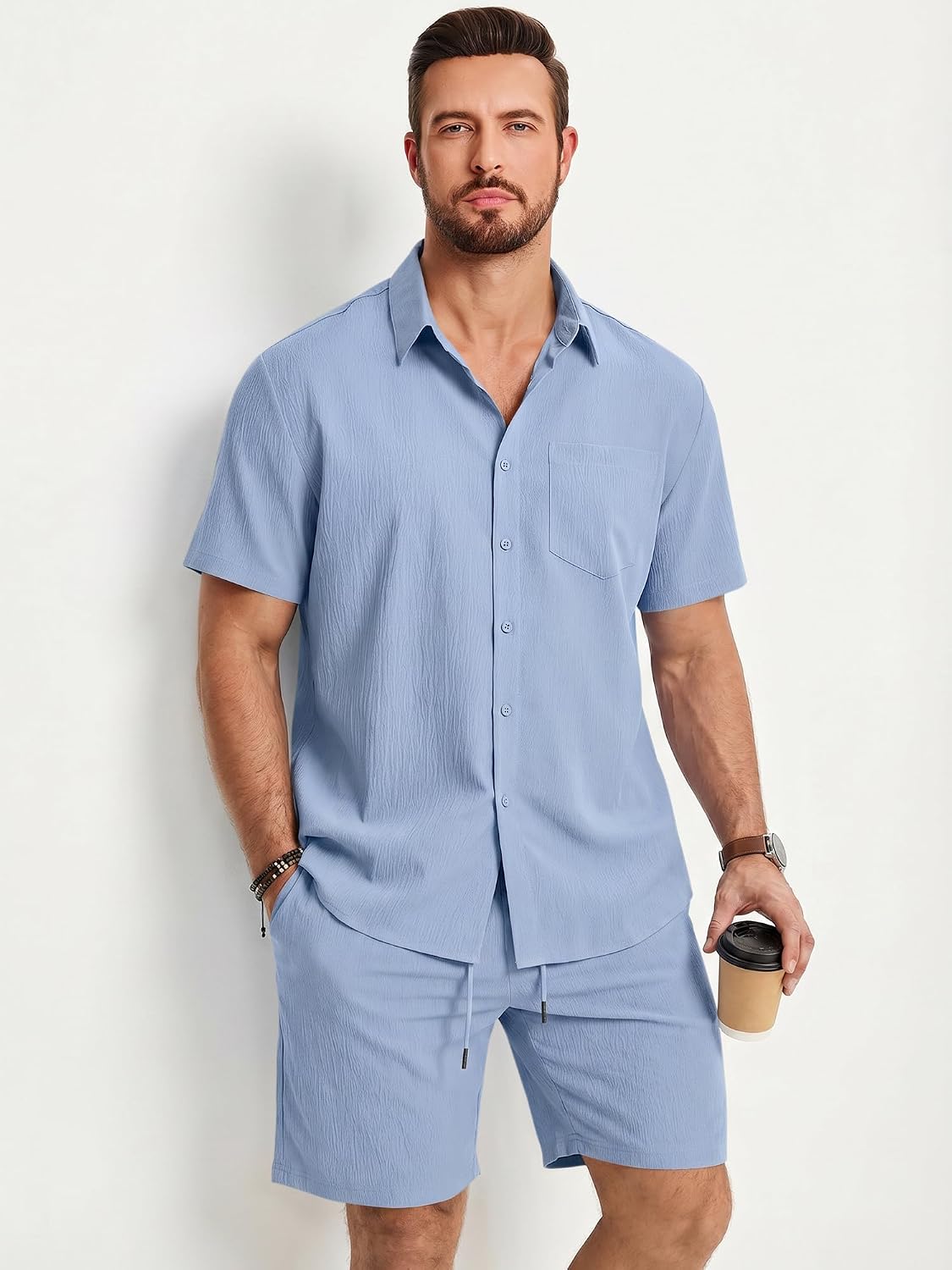JMIERR Mens 2 Piece Short Sets Short Sleeve Shirts and Shorts Summer Beach Vacation Texture Outfits