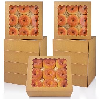 qiqee 10x10x2.5 Inch Brown Pie Boxes with Window 12Packs Cookie Donut Bakery Box Auto-pop Up