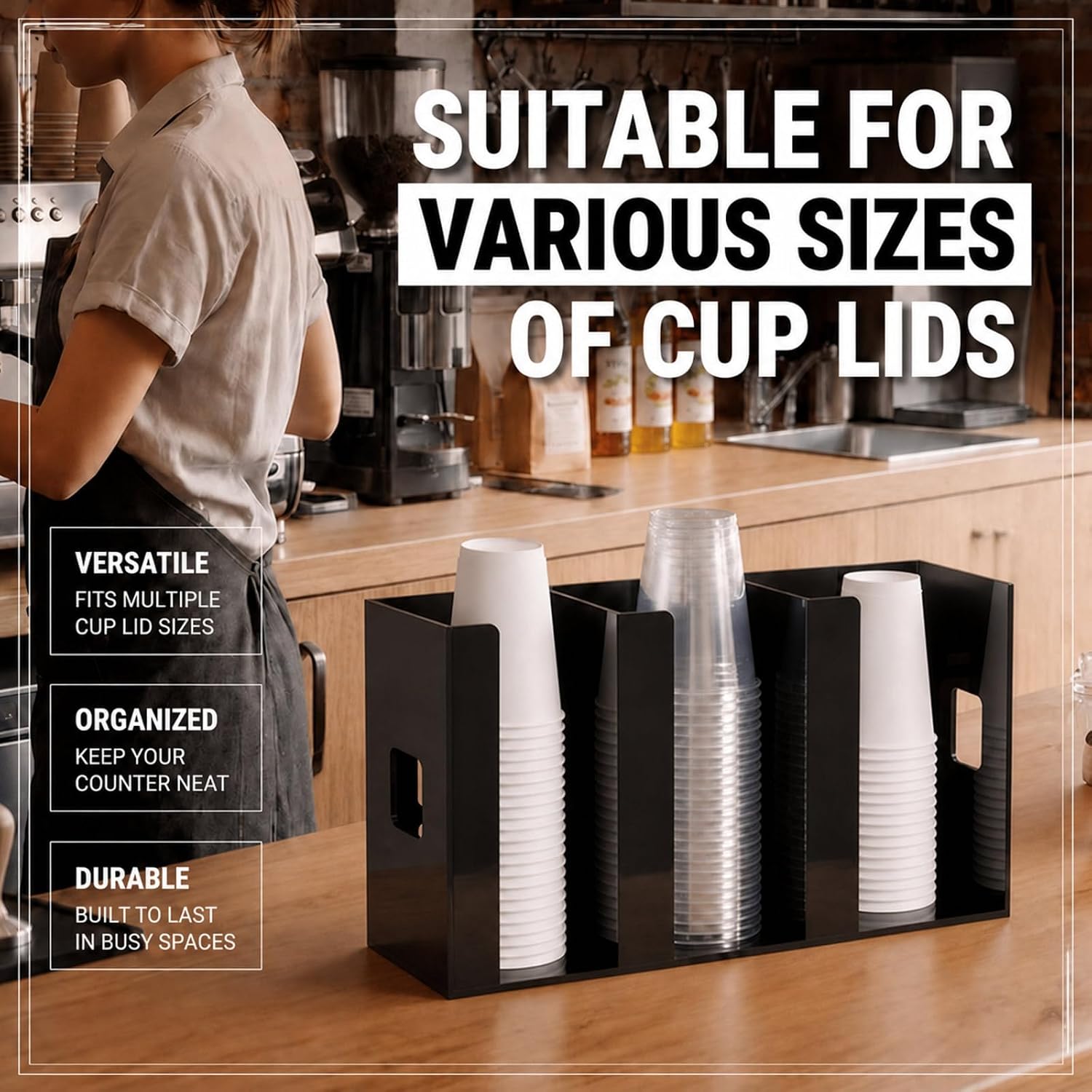 Hicarer 3 Compartments Acrylic Cup and Lid Holder, Black