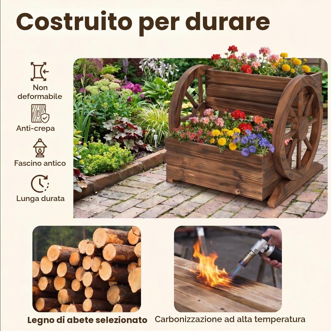 HOMASIS Carriola da Giardino in Legno, Fioriera con Ruote e Vaso da Fiori, Orto Rialzato da Giardino con Fori di Drenaggio e Guanti, Carrello Decorazione da Balcone (Marrone, 46 x 44 x 35 cm)