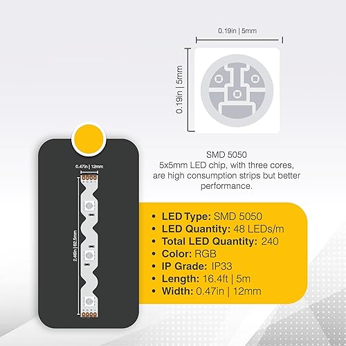 Miniatura 4 de Iluminación LED 12V 16.4 pies UL 5050 SMD Tira de luces LED Zig-Zag ajustable 660lm/m 6.2W/m 300 LEDs 60 LEDs/m IP33 No impermeable. Capaz de doblar