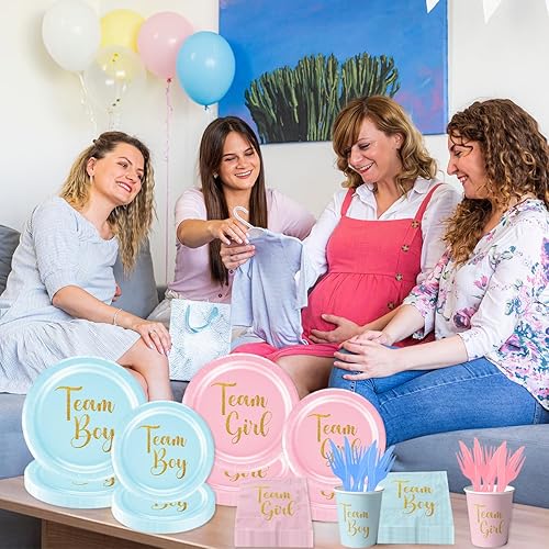 Miniatura 2 de 120 piezas de decoración de fiesta de revelación de género, equipo de niño, niña, vajilla de revelación de género, servilletas de papel, rosa, azul,