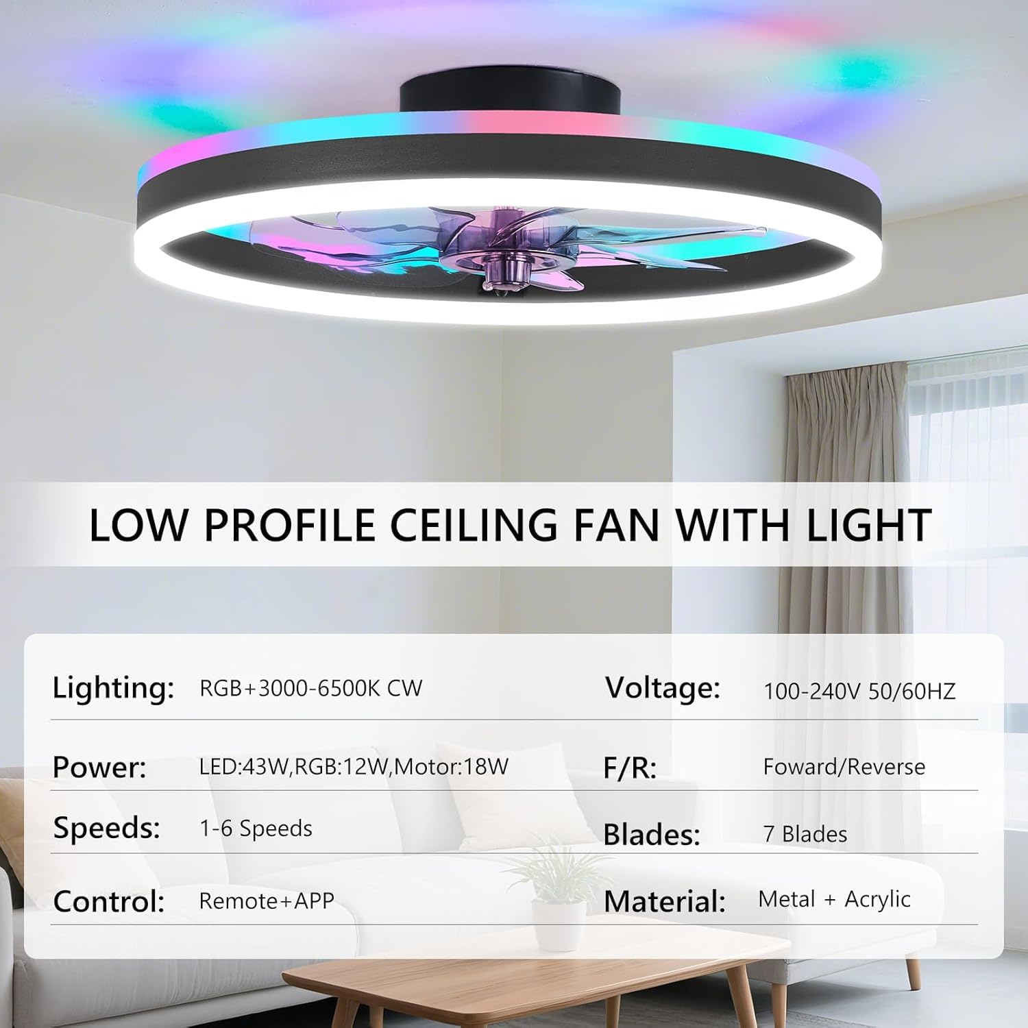 Moderne RGB Deckenventilator mit Beleuchtung φ50cm RGB LED Fan Licht mit Fernbedienung Timer 6 Geschwindigkeiten Stufenloses Dimmen Deckenventilator mit Lampe