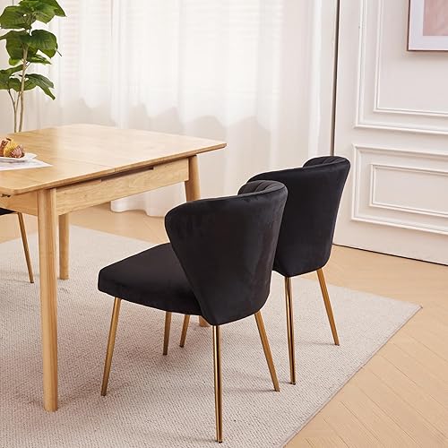 Miniatura 9 de Juego de 2 sillas de comedor de terciopelo, modernas sillas tapizadas con patas de metal dorado para comedor, cocina, tocador y patio (negro)