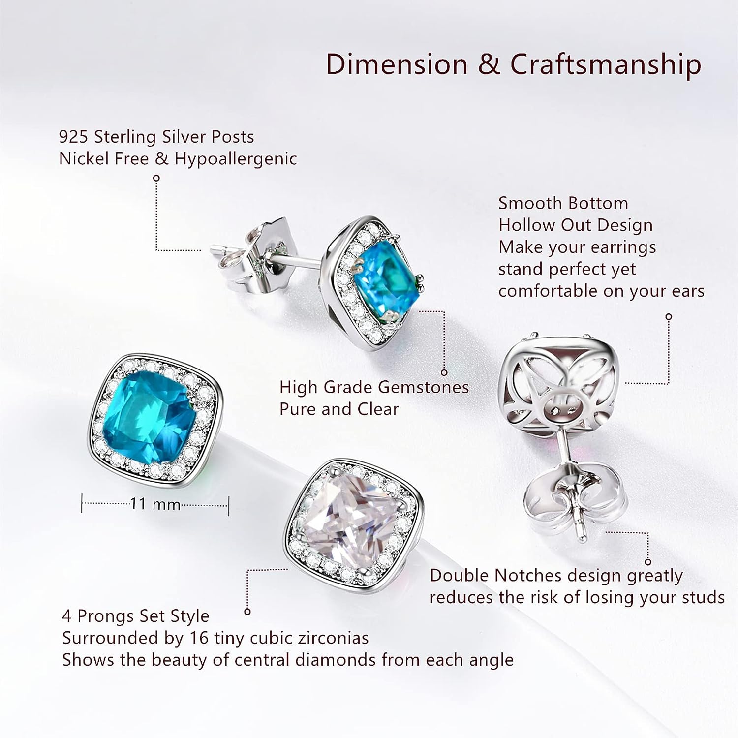 VONSSY Hypoallergenic Gemstone Stud Earrings, Brilliant Cubic Zirconia Crystal Earrings, 925 Silver Posts Nickel Free, Created Diamond Square Earrings Jewelry Gift for Women Wife Mother Daughter - Image 5