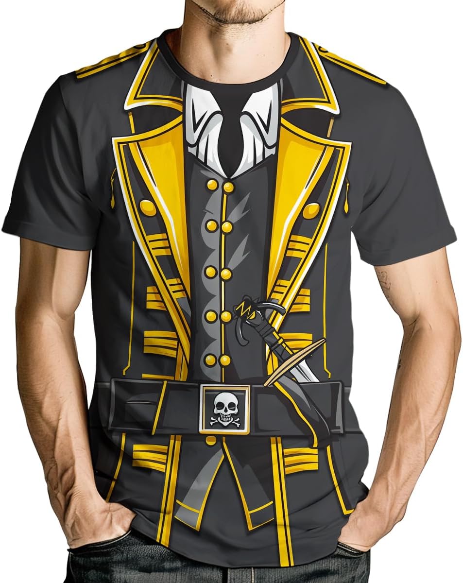 Men's Pirate Costume T-Shirt Skeleton Suit Print Tee Cosplay Short Sleeve Halloween Top