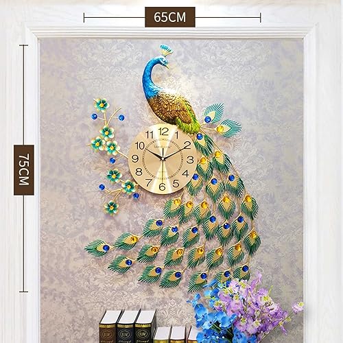 Miniatura 6 de Reloj de pared de arte moderno, reloj de pared grande de cristal de pavo real, reloj de pared grande de diseño moderno 3D, diseño de metal, sin