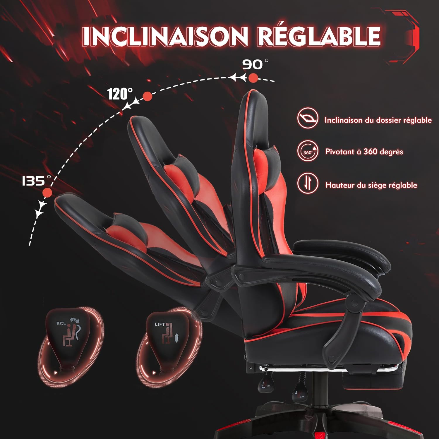 Frixovel Chaise Gaming, Siège de Bureau réglable, Fauteuil Gaming avec Repose-Pieds télescopique (Noir et Rouge)