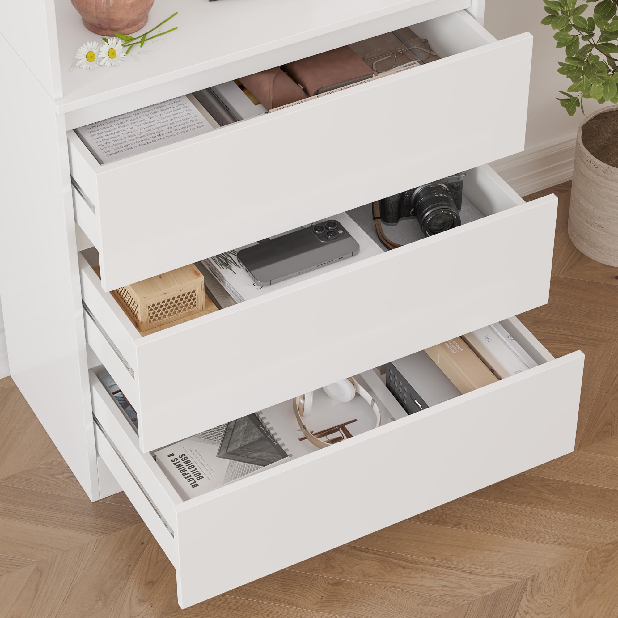 FirFurd 202 cm Libreria, Libreria Verticale con 4 Scomparti Aperti, Bianco | Scaffale Salvaspazio con 3 Cassetti Scorrevoli,Librerie con Ripiani Regolabile,per Studio, Ufficio, Soggiorno,60x35x202 cm